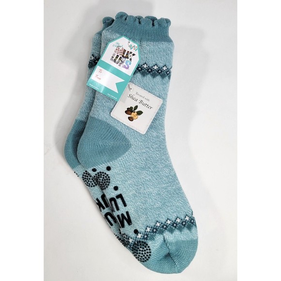 Muk Luks Shoes - Muk Luks Teal Blue Shea Butter Faux Shearling Cabin Slipper Socks S/M 6-8 NEW